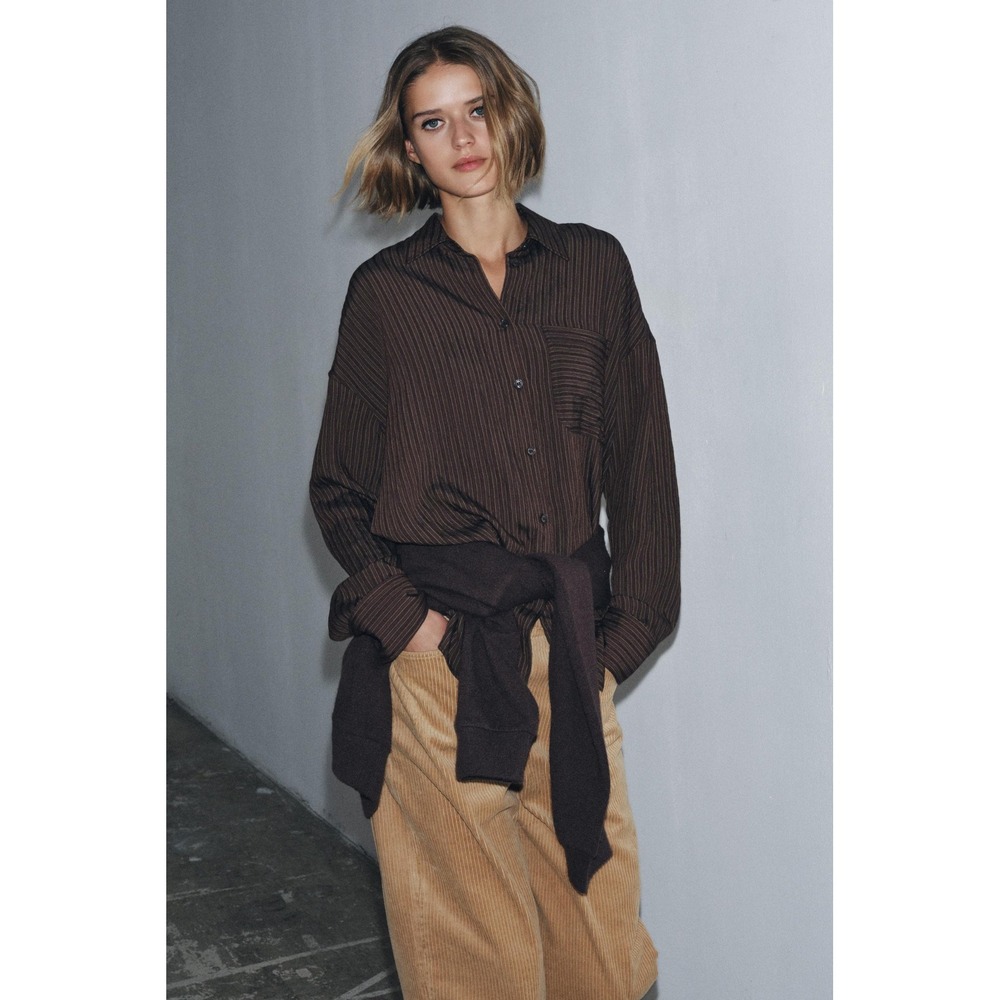 Zara Brown Pinstripe Oversized Button Down Shirt Old Money Eclectic Grandpa M